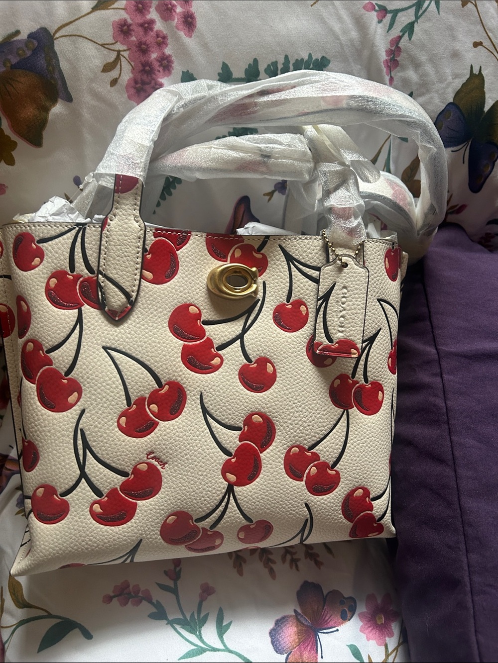 Coach Cream Tote with Red Cherry Print and Gold Hardware - Picture 1 of 1